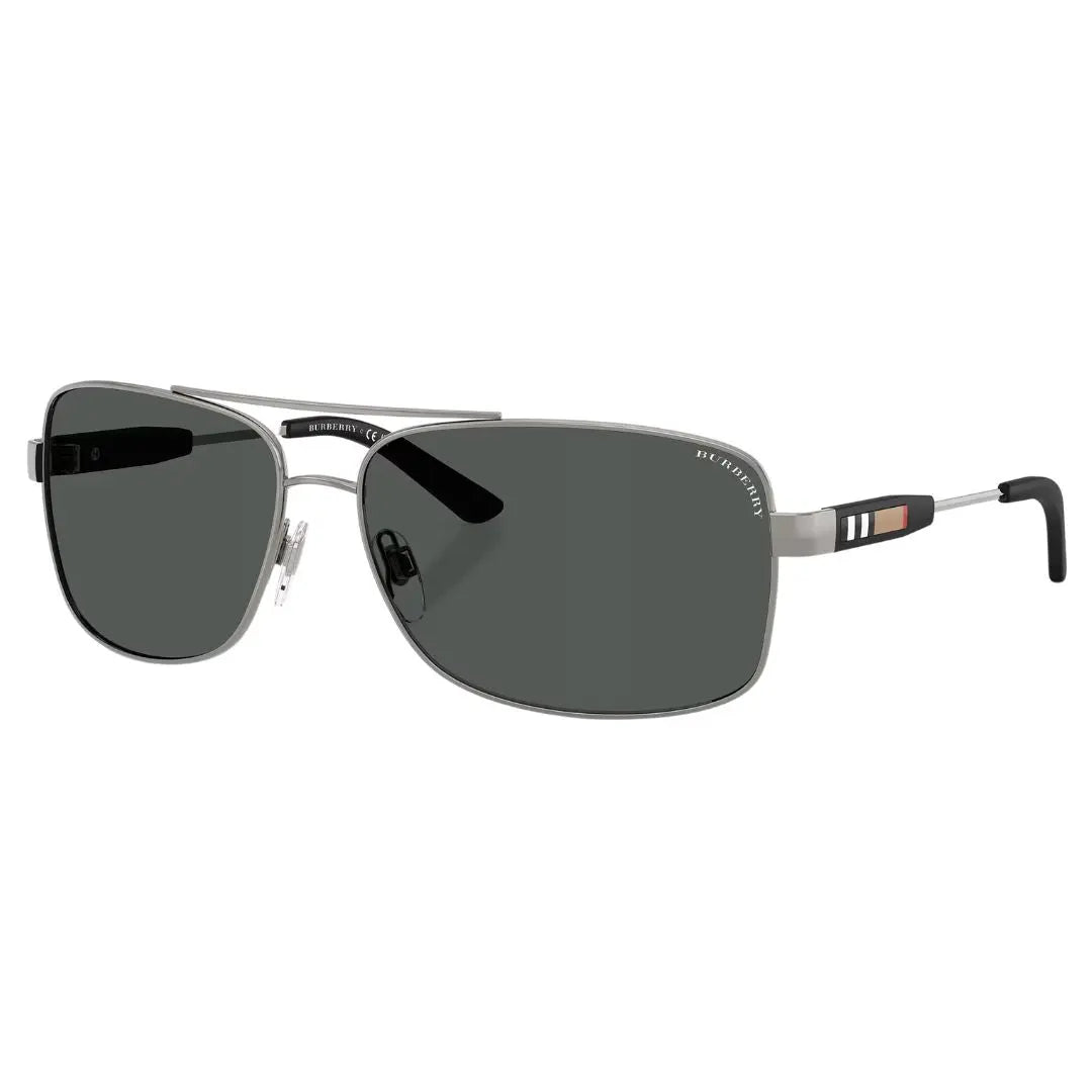Burberry BE3074 100387 aviator sunglasses in gunmetal with dark grey lenses and check enamel temples - Gadgets Online NZ