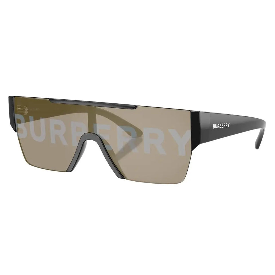 Burberry BE4291 3001/G shield sunglasses in black with light brown logo print lens and white Burberry lettering - Gadgets Online NZ
