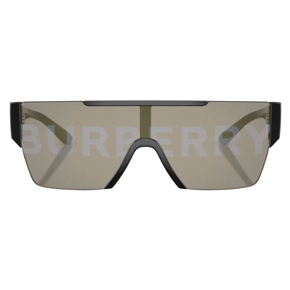 Front view of Burberry BE4291 3001/G featuring a black mask frame and oversized white Burberry logo lens - Gadgets Online NZ
