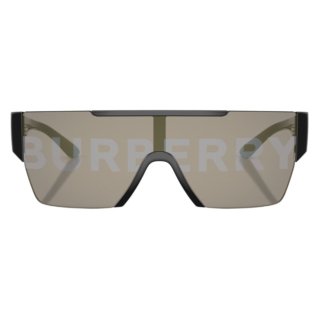 Front view of Burberry BE4291 3001/G featuring a black mask frame and oversized white Burberry logo lens - Gadgets Online NZ