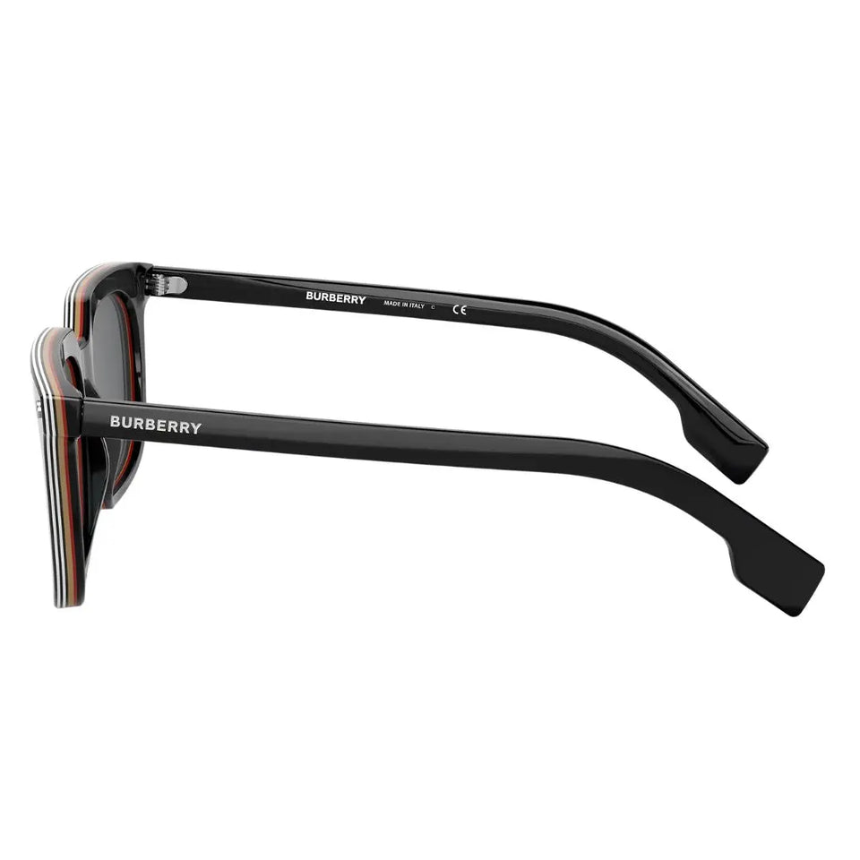 Side view of Burberry Carnaby sunglasses showing thick black temples with prominent white Burberry lettering - Gadgets Online NZ