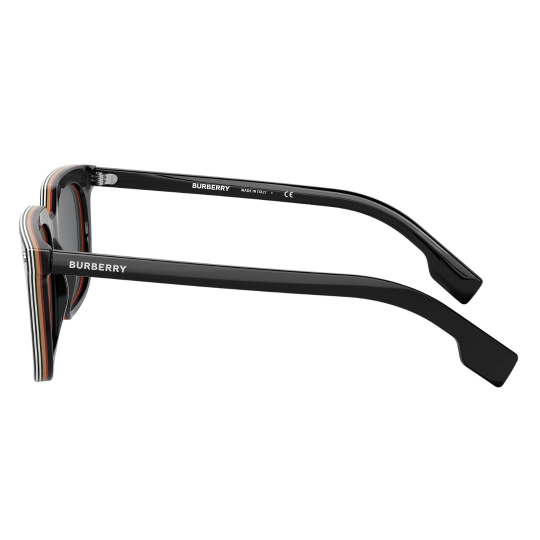Side view of Burberry Carnaby sunglasses showing thick black temples with prominent white Burberry lettering - Gadgets Online NZ