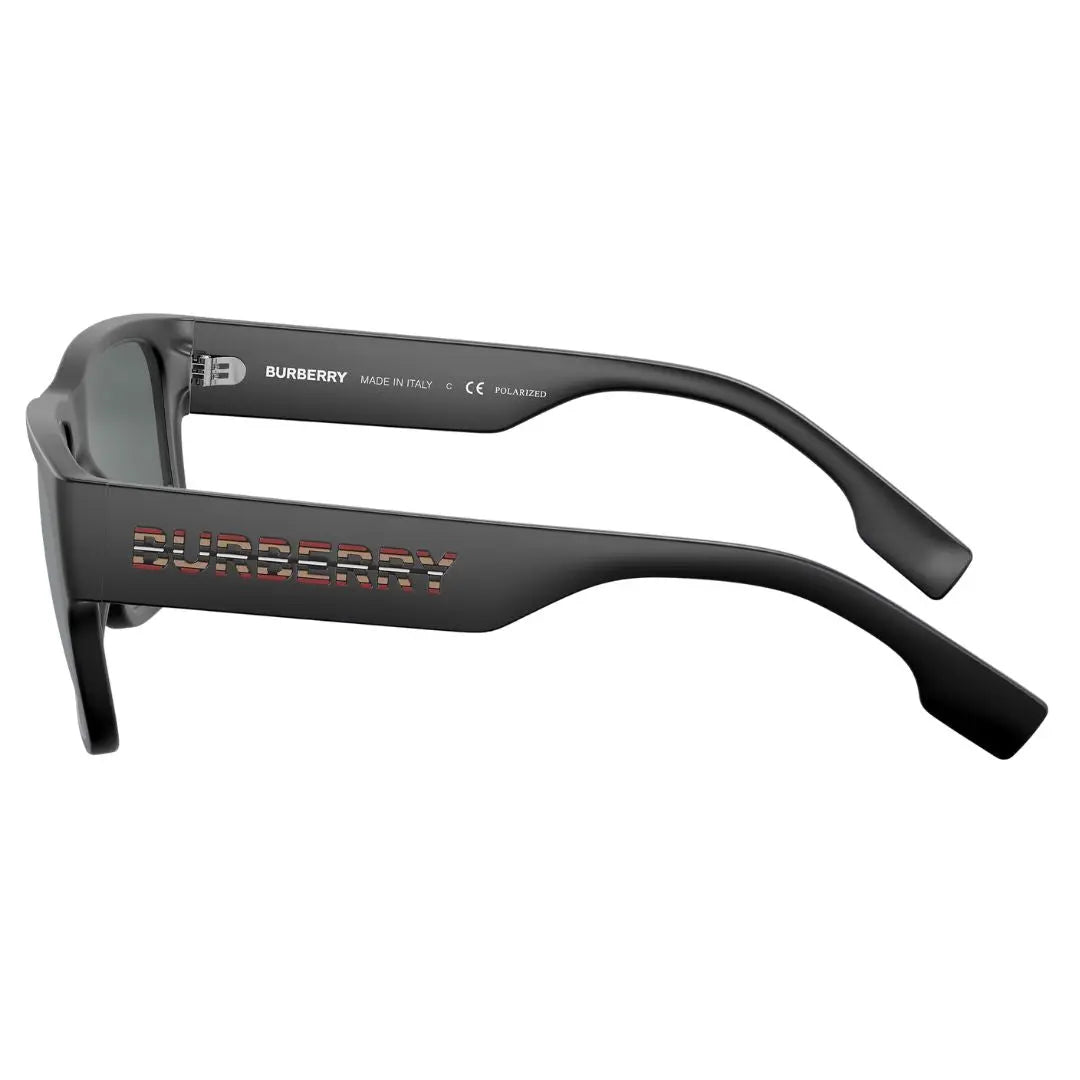 Side view of Burberry Knight sunglasses showing matte black temples with iconic silver B-shield metal hardware - Gadgets Online NZ