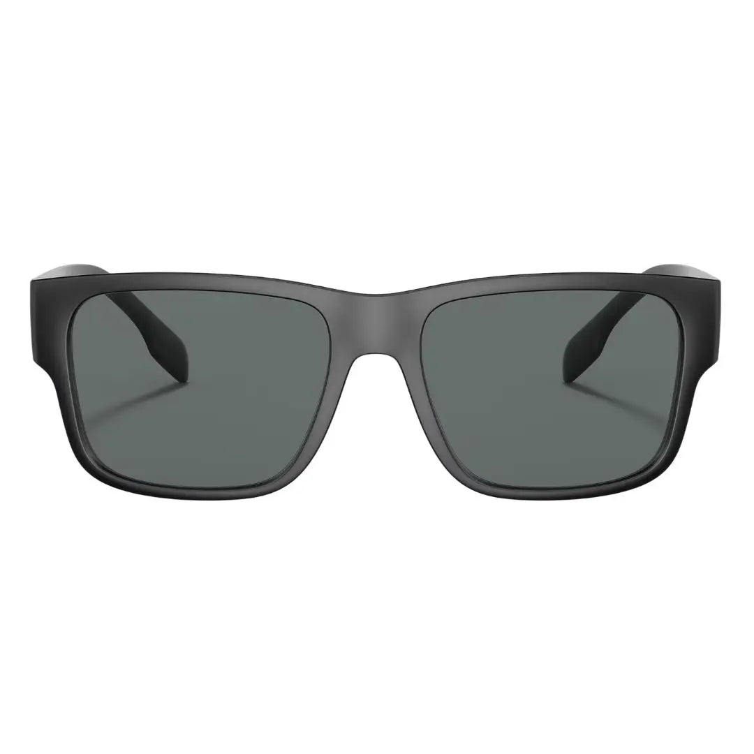 Front view of Burberry BE4358 346481 Knight featuring a rectangular matte black acetate frame and polarized lenses - Gadgets Online NZ