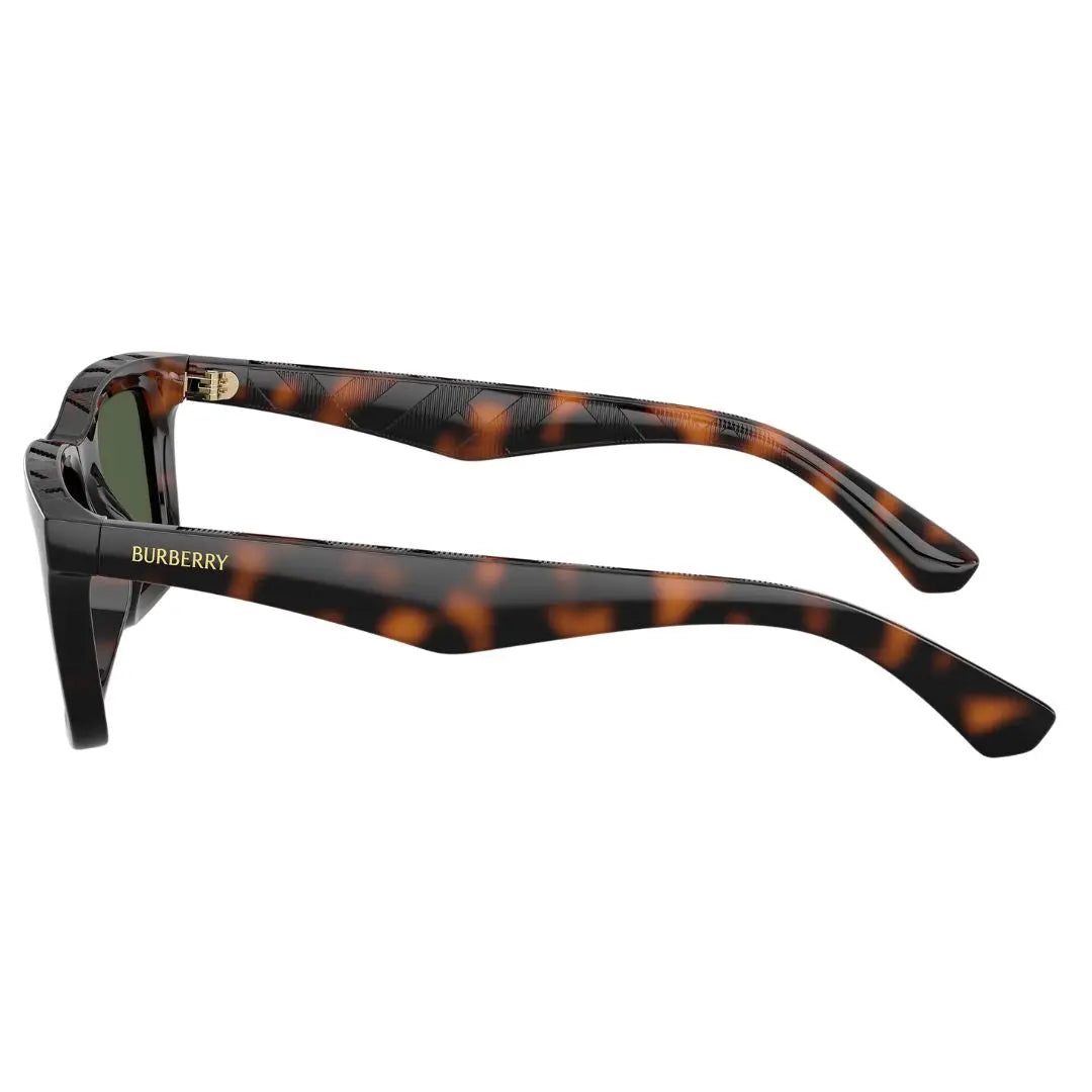 Side view of Burberry BE4475U sunglasses showing thick tortoise temples with raised gold Burberry lettering - Gadgets Online NZ