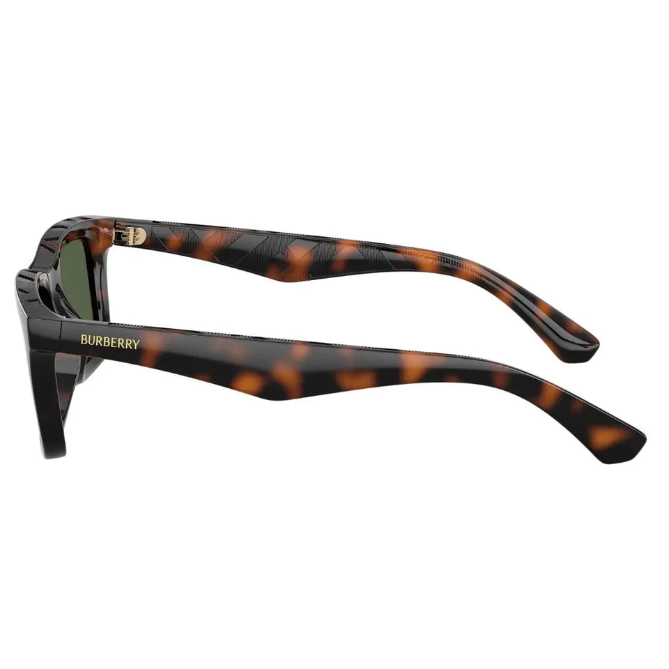 Side view of Burberry BE4475U sunglasses showing thick tortoise temples with raised gold Burberry lettering - Gadgets Online NZ