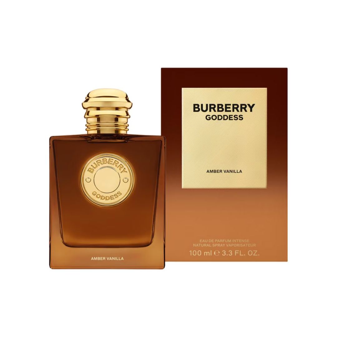 Burberry Goddess Amber Vanilla Eau de Parfum bottle and its packaging box, both in amber brown and gold tones, set against a plain white background.