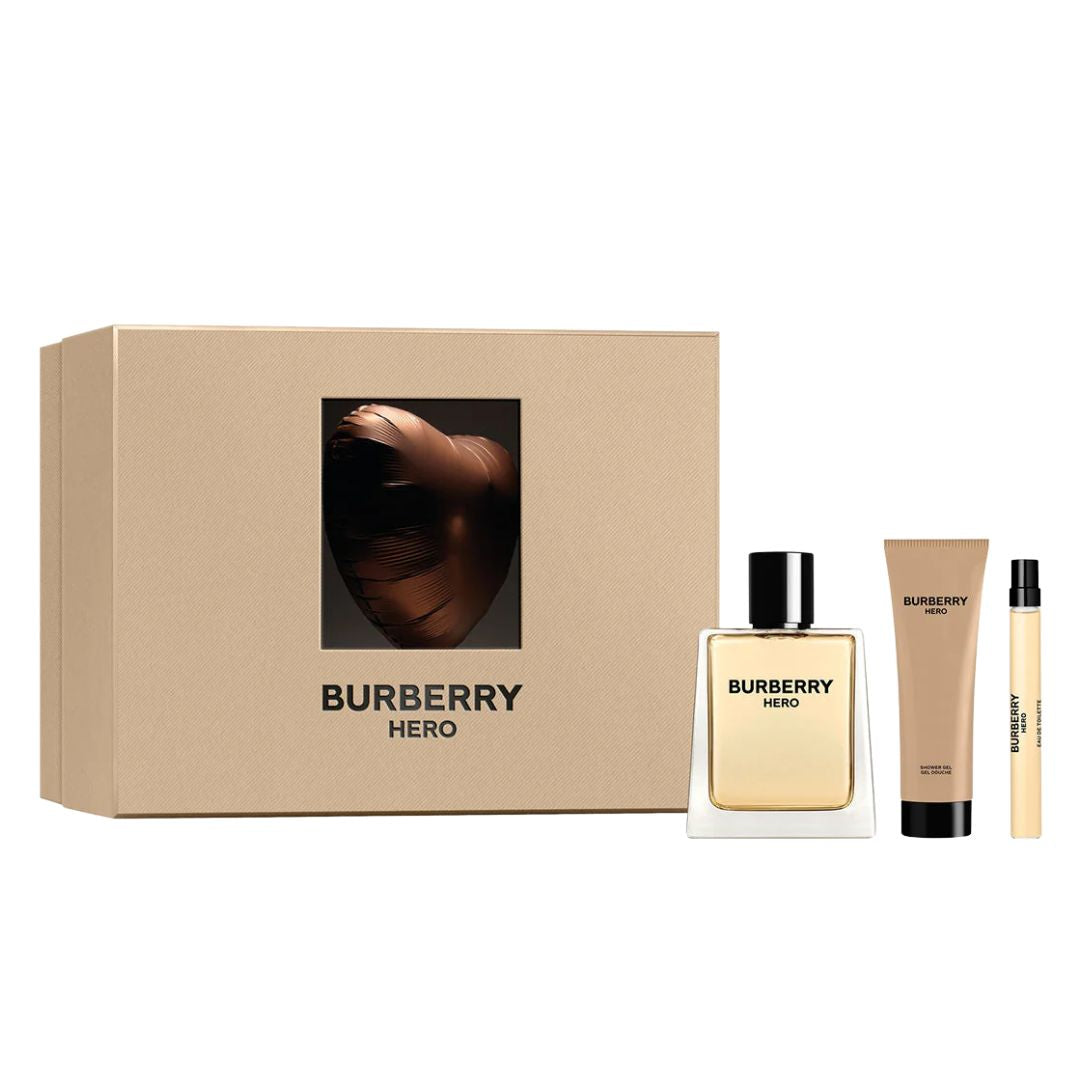Burberry Hero EDT 100ml perfume set with box on a white background
