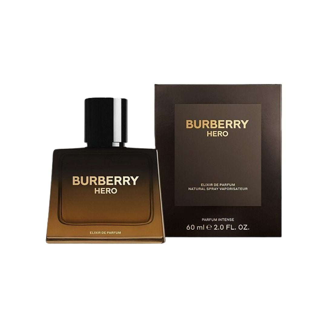 Burberry Hero Eau de Parfum bottle in a dark amber-brown glass with a black cap, shown next to its dark brown packaging box with gold lettering on a white background.