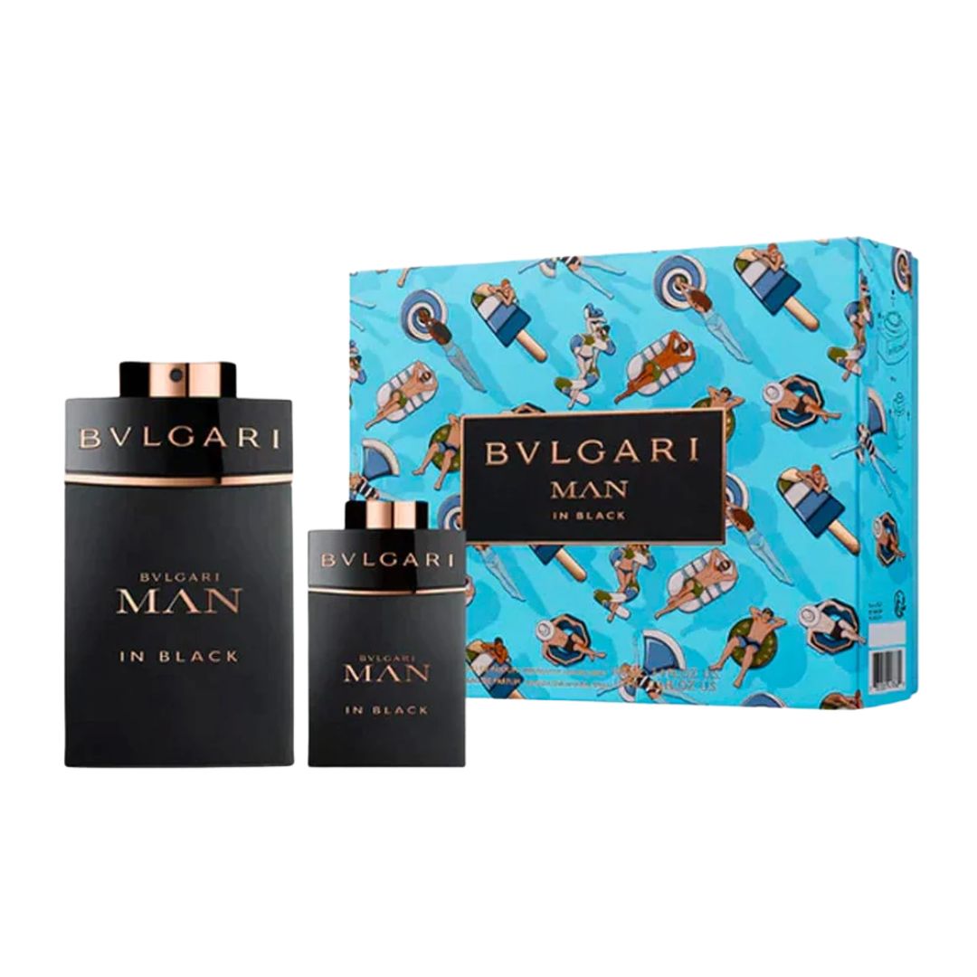 Bvlgari Man in Black EDP 100ml 2 Piece Gift Set for Men with a decorative box on a white background