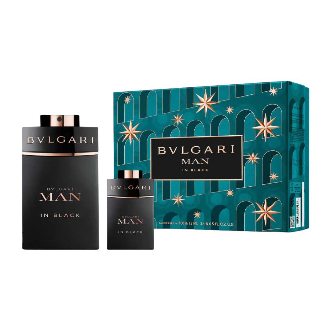 Bvlgari Man in Black EDP 100ml 2 Piece Gift Set for Men with two bottles and a decorative box on a white background