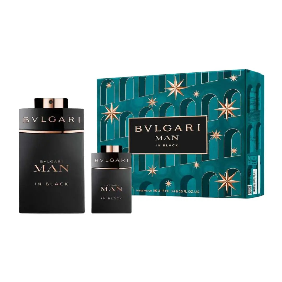 Bvlgari Man in Black EDP 100ml 2 Piece Gift Set for Men with two bottles and a decorative box on a white background