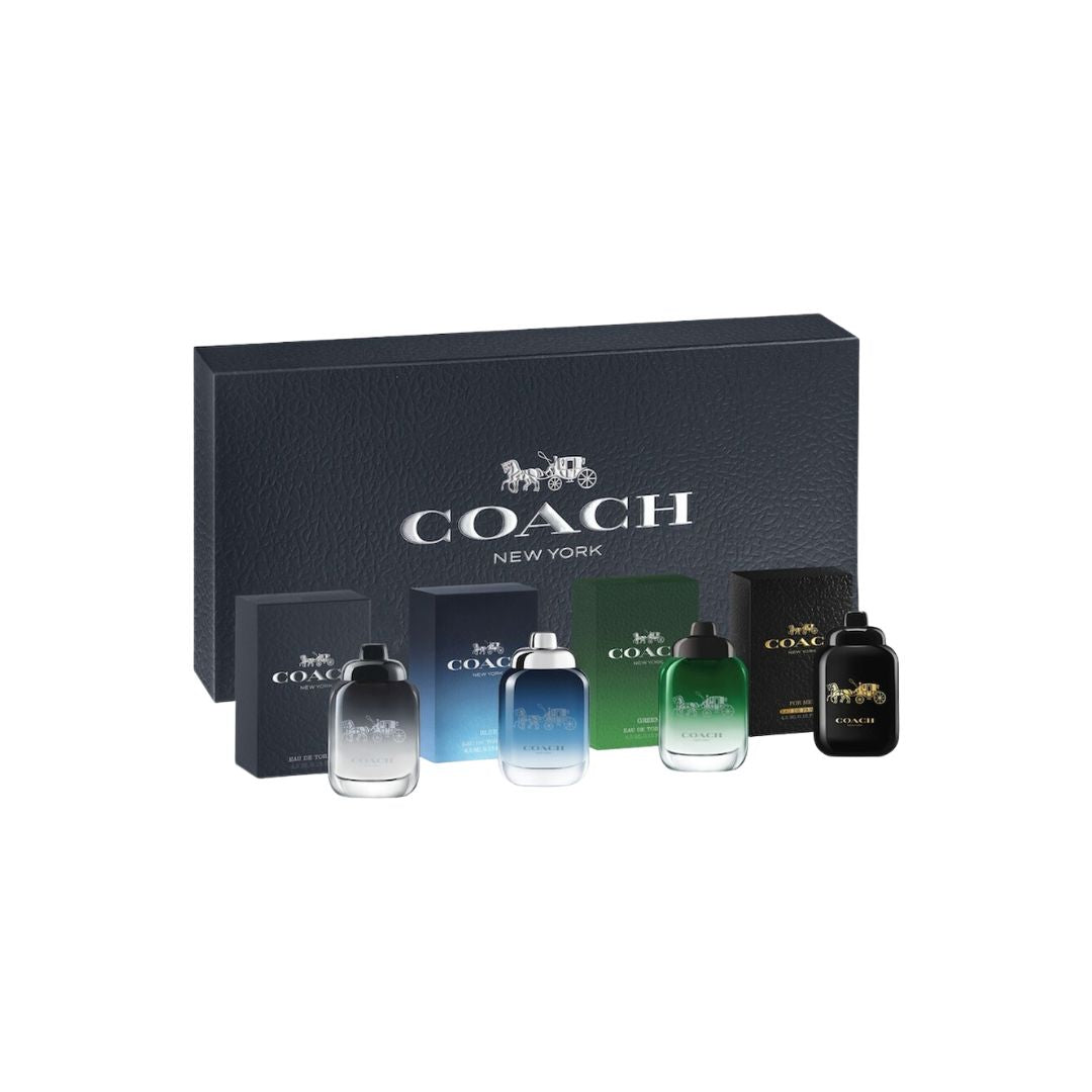 COACH Men's EDT & EDP 4Pc Miniatures Set, featuring four small Coach fragrance bottles in an elegant gift box in NZ