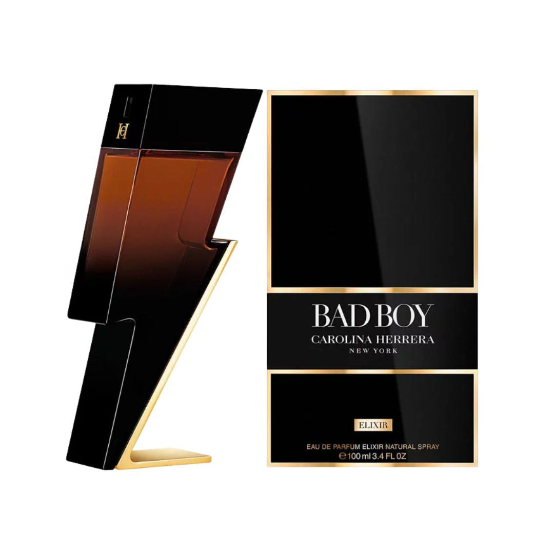 Carolina Herrera Bad Boy Elixir 100ml EDP, a striking black and gold lightning bolt-shaped bottle, suggesting a bold, woody, and leathery masculine fragrance.