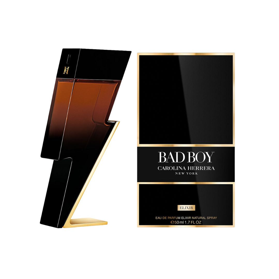 Carolina Herrera Bad Boy Elixir 50ml EDP, a striking black and gold lightning bolt-shaped bottle, suggesting a bold, woody, and leathery masculine fragrance.