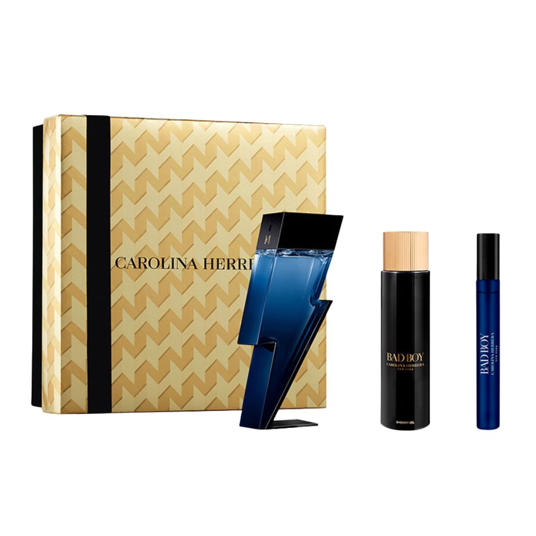 Carolina Herrera Bad Boy Cobalt 3pc Gift Set, a vibrant blue and silver box containing the iconic lightning bolt 100ml EDP, a 10ml travel spray, and a 100ml shower gel, suggesting a fresh, modern aromatic men's scent.