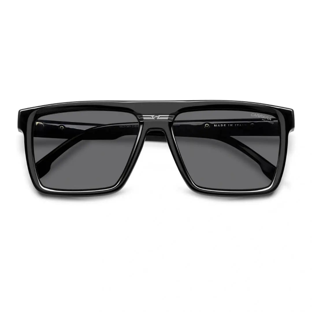 Carrera Victory C 03/S 807/58M9 Unisex Square Sunglasses - Black Frame, Polarised Grey Lenses Folded view | Gadgets Online NZ LTD