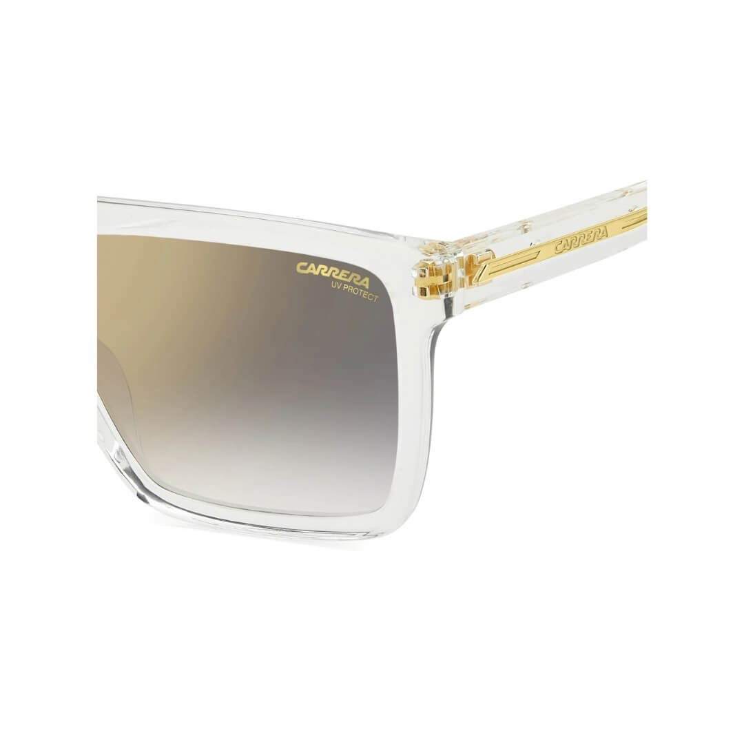Carrera Victory C 03/S 900/58FQ Unisex Square Sunglasses Closeup View - Crystal Frame, Grey Gradient Gold Mirror Lenses | Gadgets Online NZ LTD