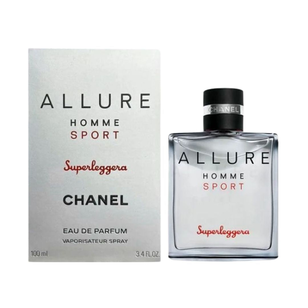 Chanel Allure Homme Sport Superleggera 100ml perfume bottle and packaging on a white background