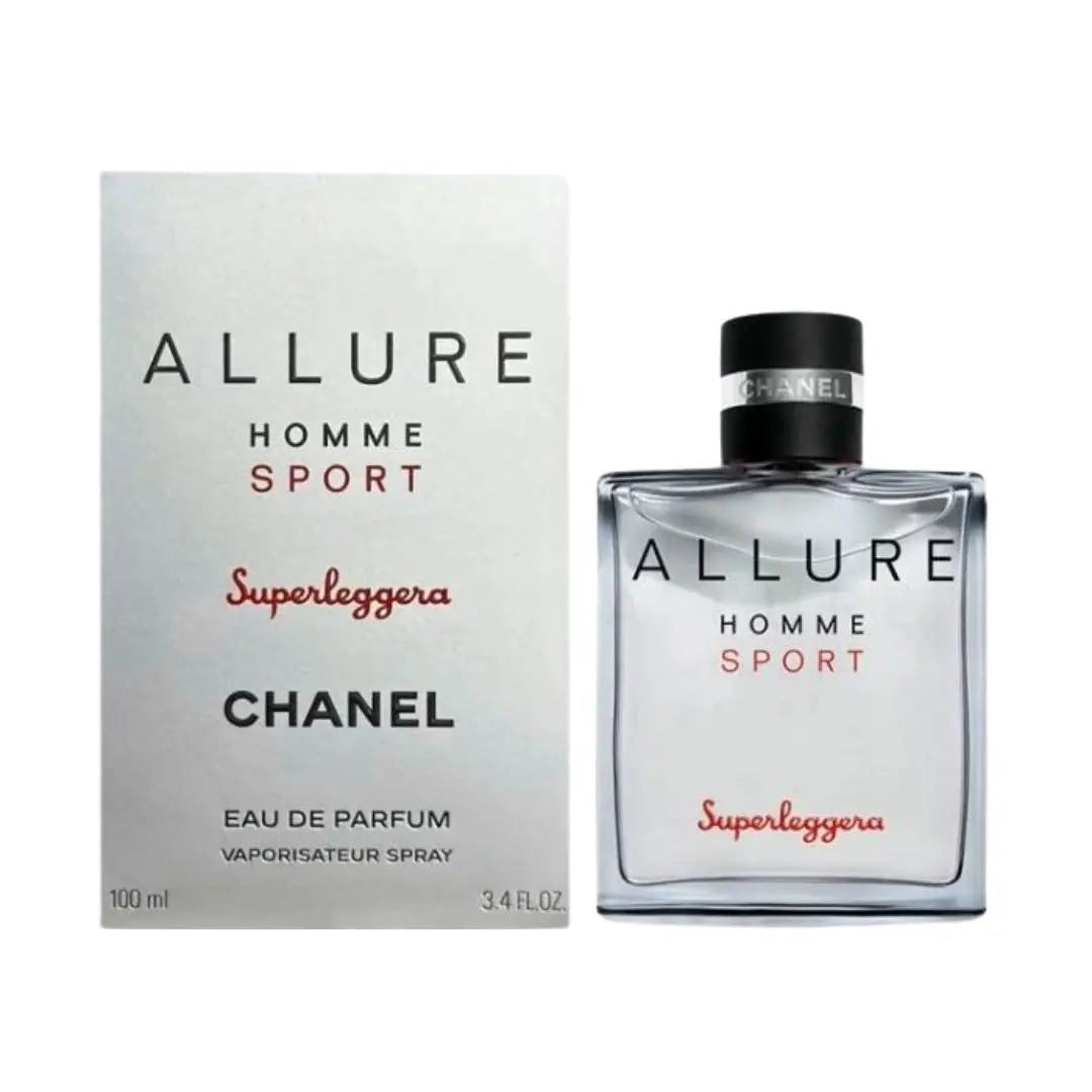 Chanel Allure Homme Sport Superleggera 100ml perfume bottle and packaging on a white background