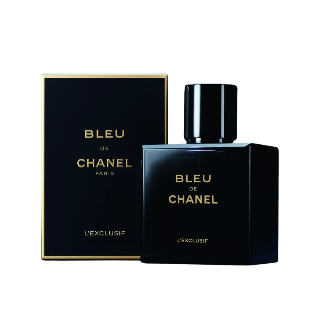 Chanel Bleu De Chanel L'Exclusif Parfum 100ml, a sleek, dark blue bottle, suggesting an intense, woody, and resinous masculine fragrance.
