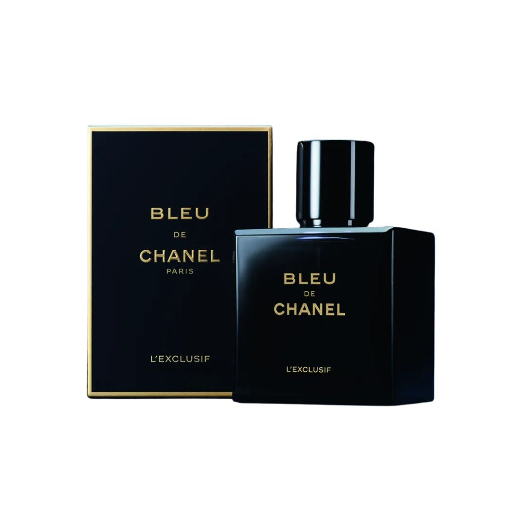 Chanel Bleu De Chanel L'Exclusif Parfum 60ml, a sleek, dark blue bottle, suggesting an intense, woody, and resinous masculine fragrance.