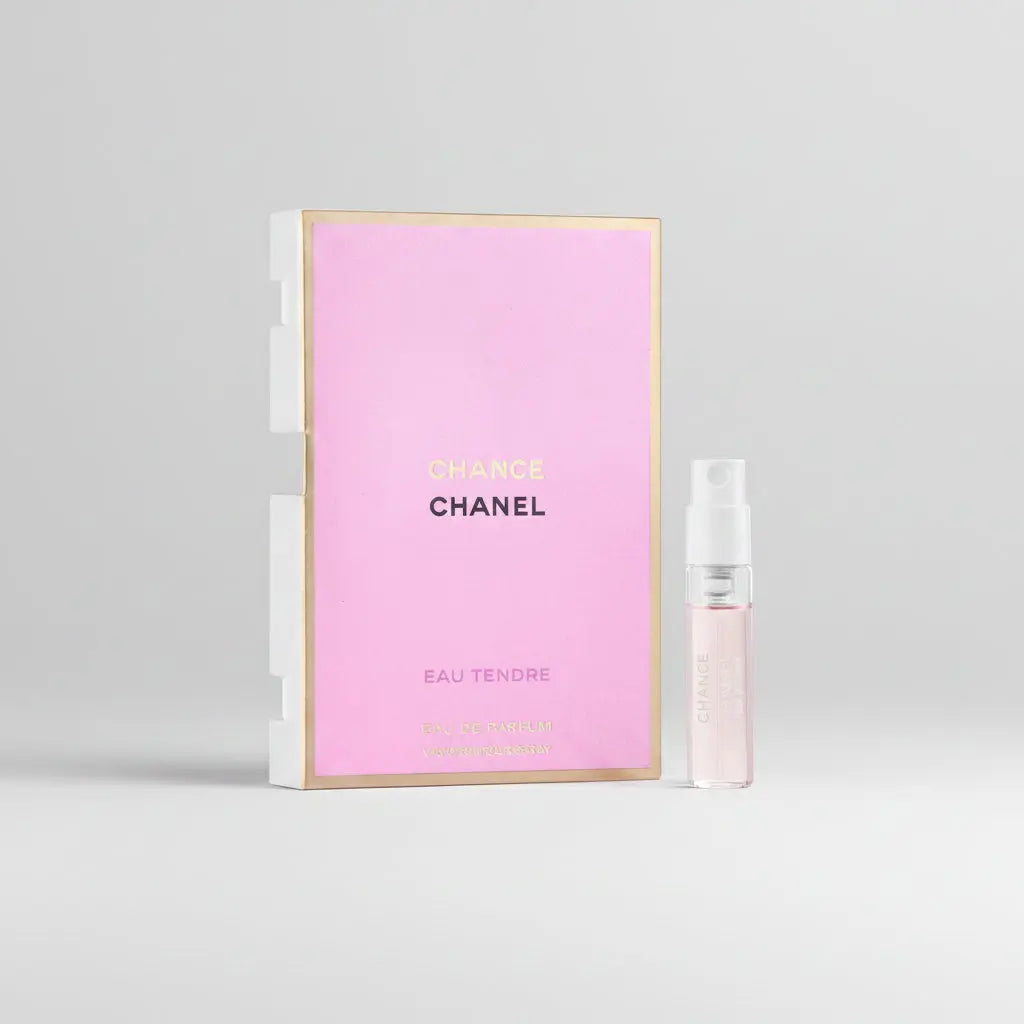 Chanel Chance Eau Tendre EDP 1.5ml Sample Vial and packaging on a white background