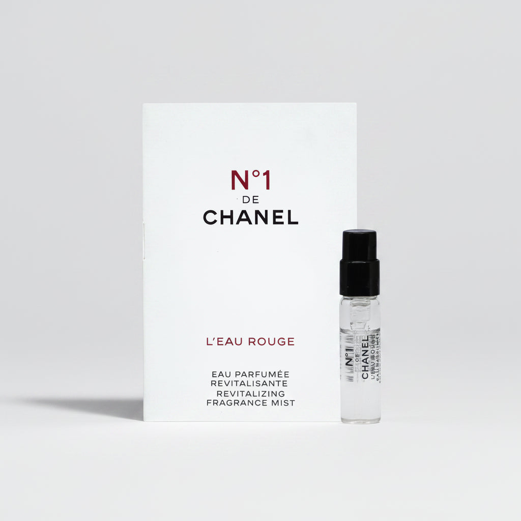 Chanel No 1 L'Eau Rouge 1.5ml Fragrance Mist Sample with packaging on a white background