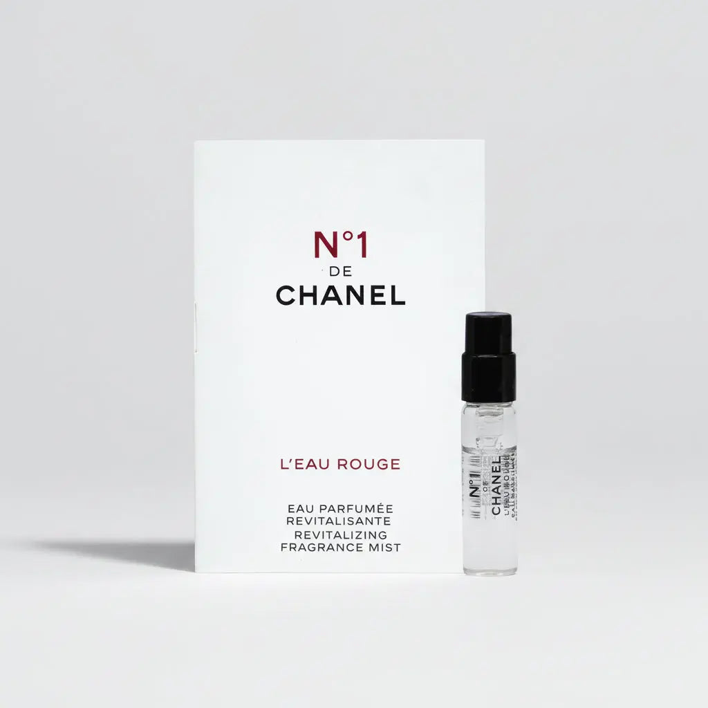 Chanel No 1 L'Eau Rouge 1.5ml Fragrance Mist Sample with packaging on a white background