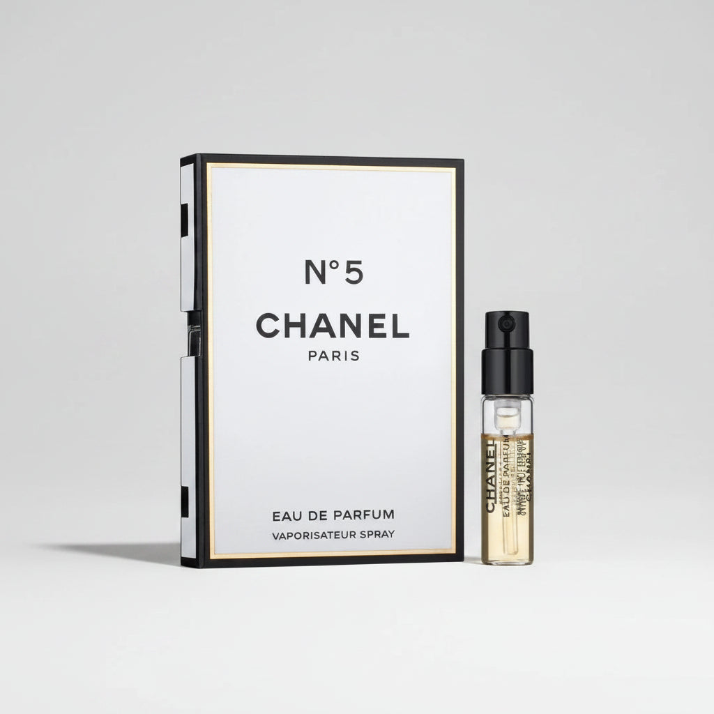 Chanel No 5 EDP 1.5ml Sample Vial for Women packaging with a small spray bottle on a white background
