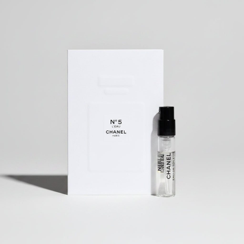 Chanel No 5 L'Eau EDT 1.5ml Sample Vial with packaging on a white background