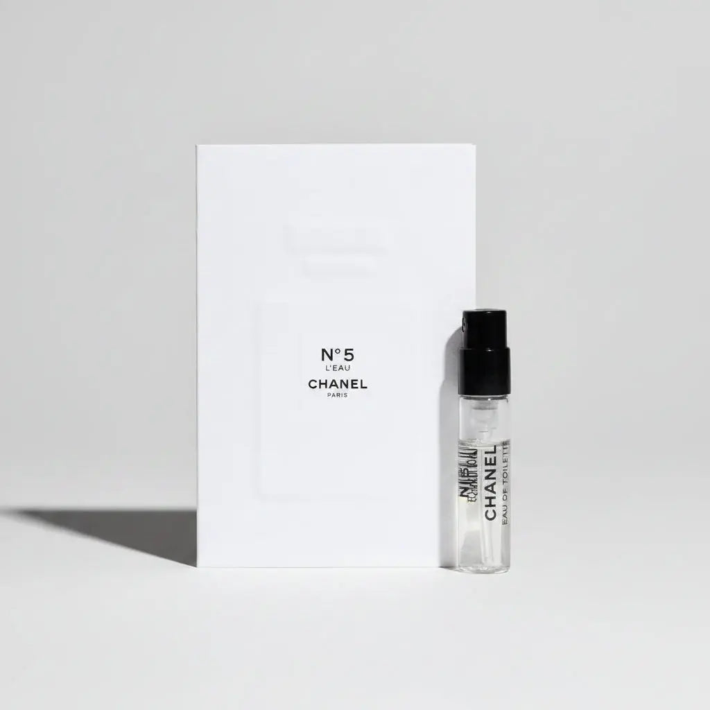 Chanel No 5 L'Eau EDT 1.5ml Sample Vial with packaging on a white background