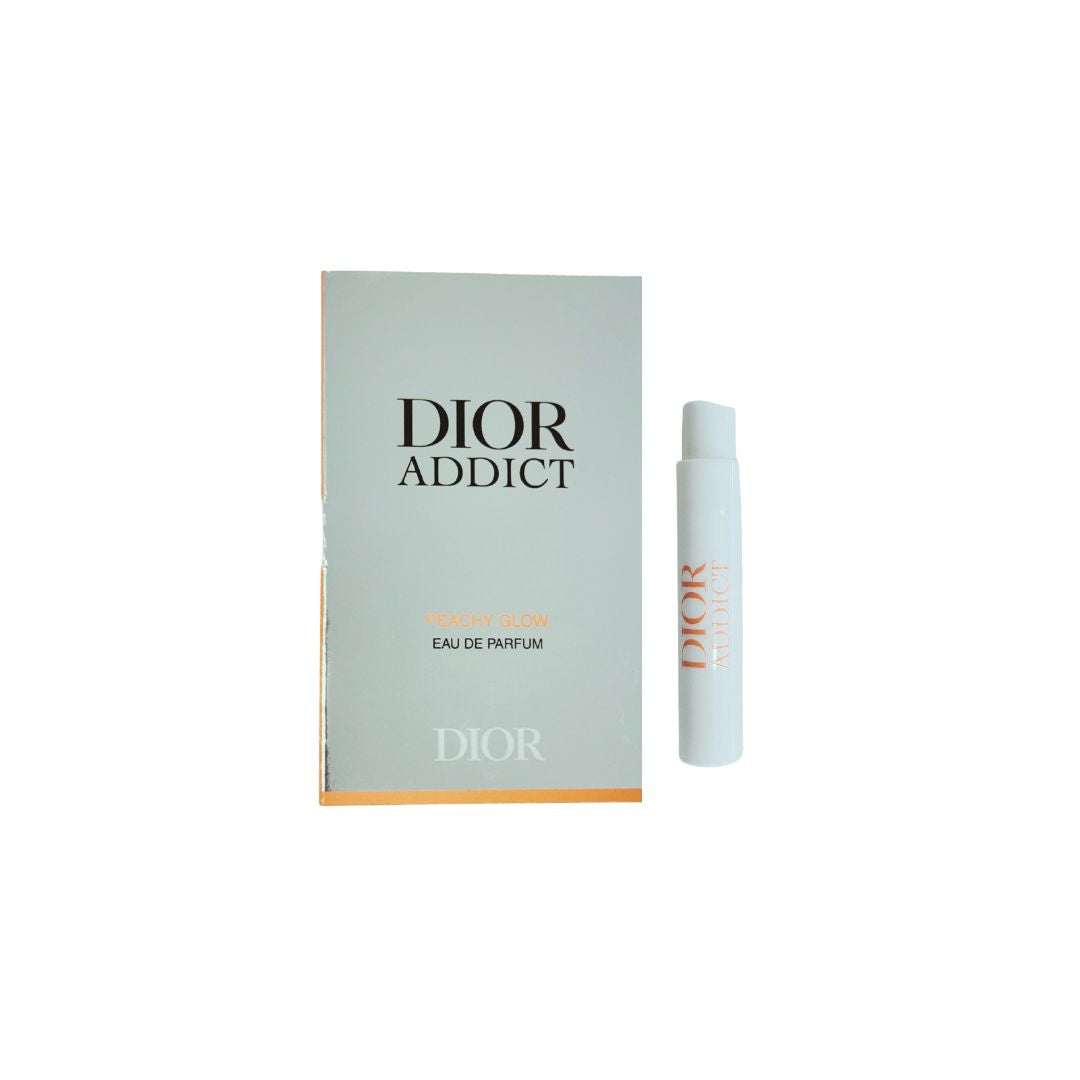 Dior Addict Peachy Glow EDP 1ml sample vial on carding, a sweet peach and whipped cream gourmand fragrance.