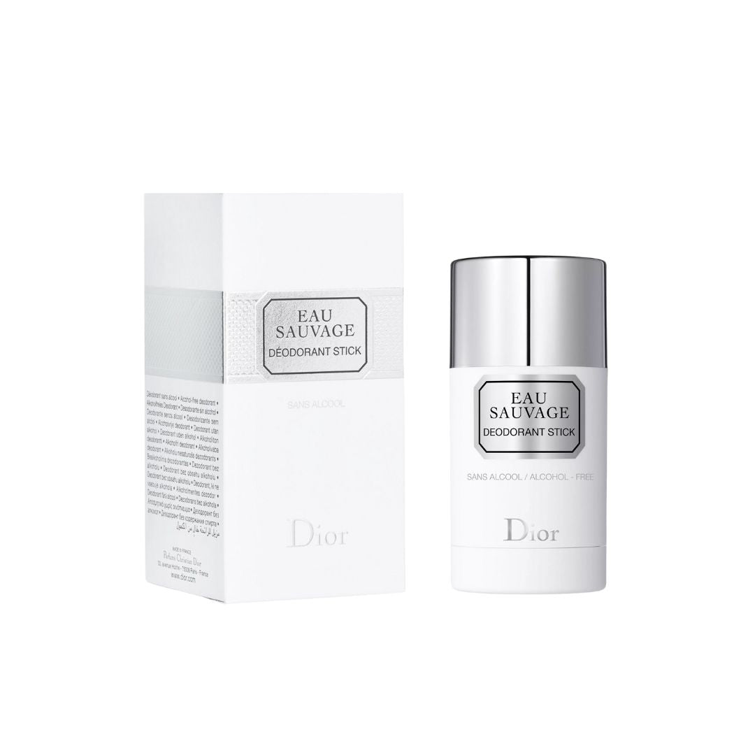 Christian Dior Eau Sauvage Deodorant Stick 75g, a sleek white and silver deodorant stick, suggesting a high-quality, alcohol-free men's grooming product.
