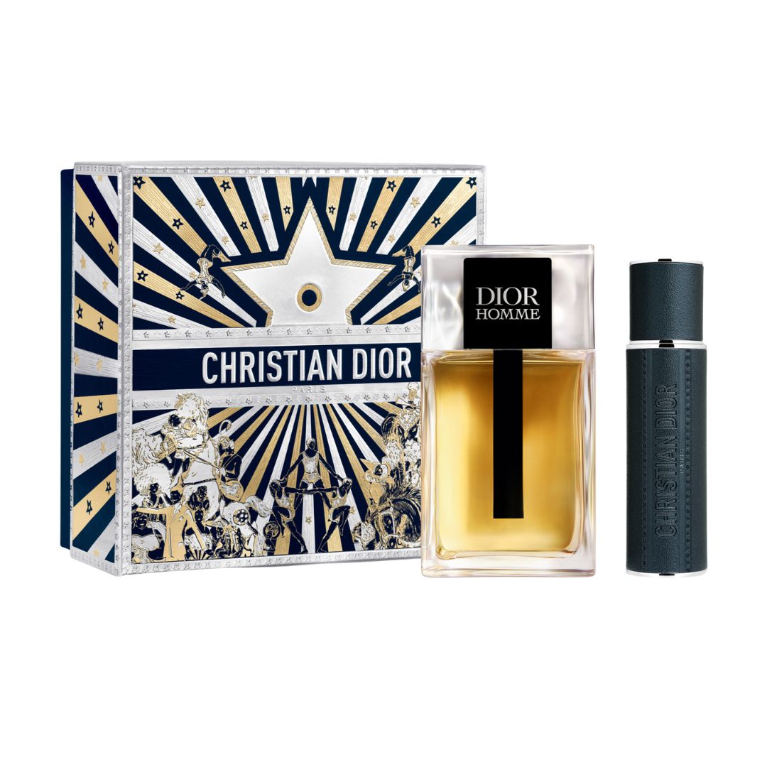 Christian Dior Homme 100ml EDT 2 Piece Gift Set, featuring the iconic bottle and a refillable travel spray in a limited-edition iridescent blue collector's box.