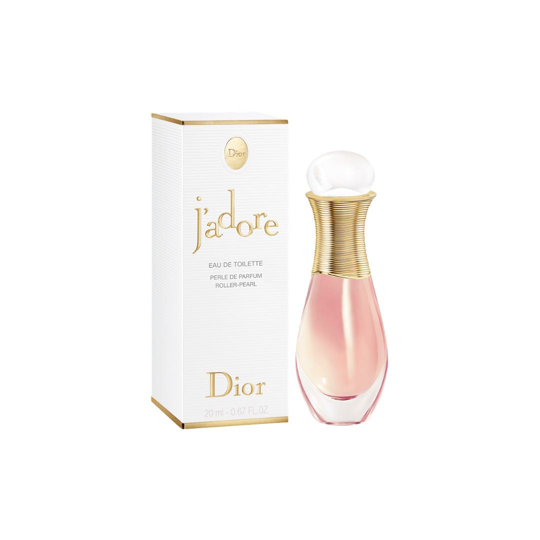 Christian Dior J'Adore Eau de Toilette Roller Pearl 20ml perfume bottle and packaging on a white background