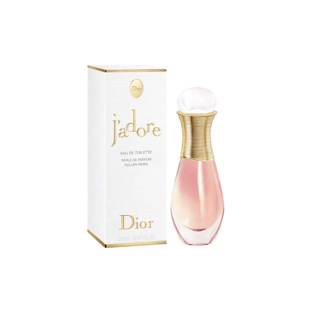 Christian Dior J'Adore Eau de Toilette Roller Pearl 20ml perfume bottle and packaging on a white background