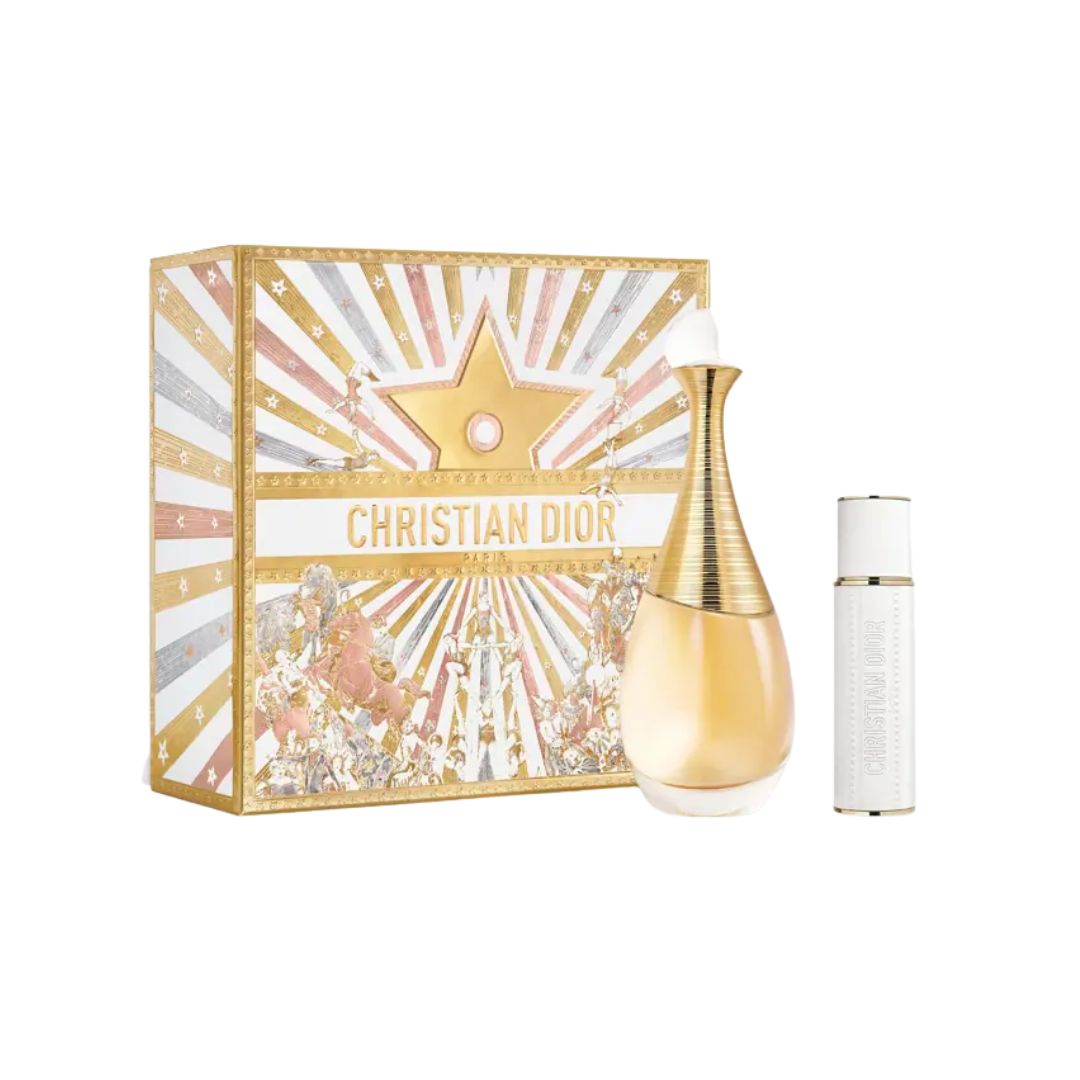 Christian Dior J'adore 100ml EDP 2 Piece Gift Set, featuring the iconic amphora bottle and a pre-filled travel spray in a limited-edition holiday case.
