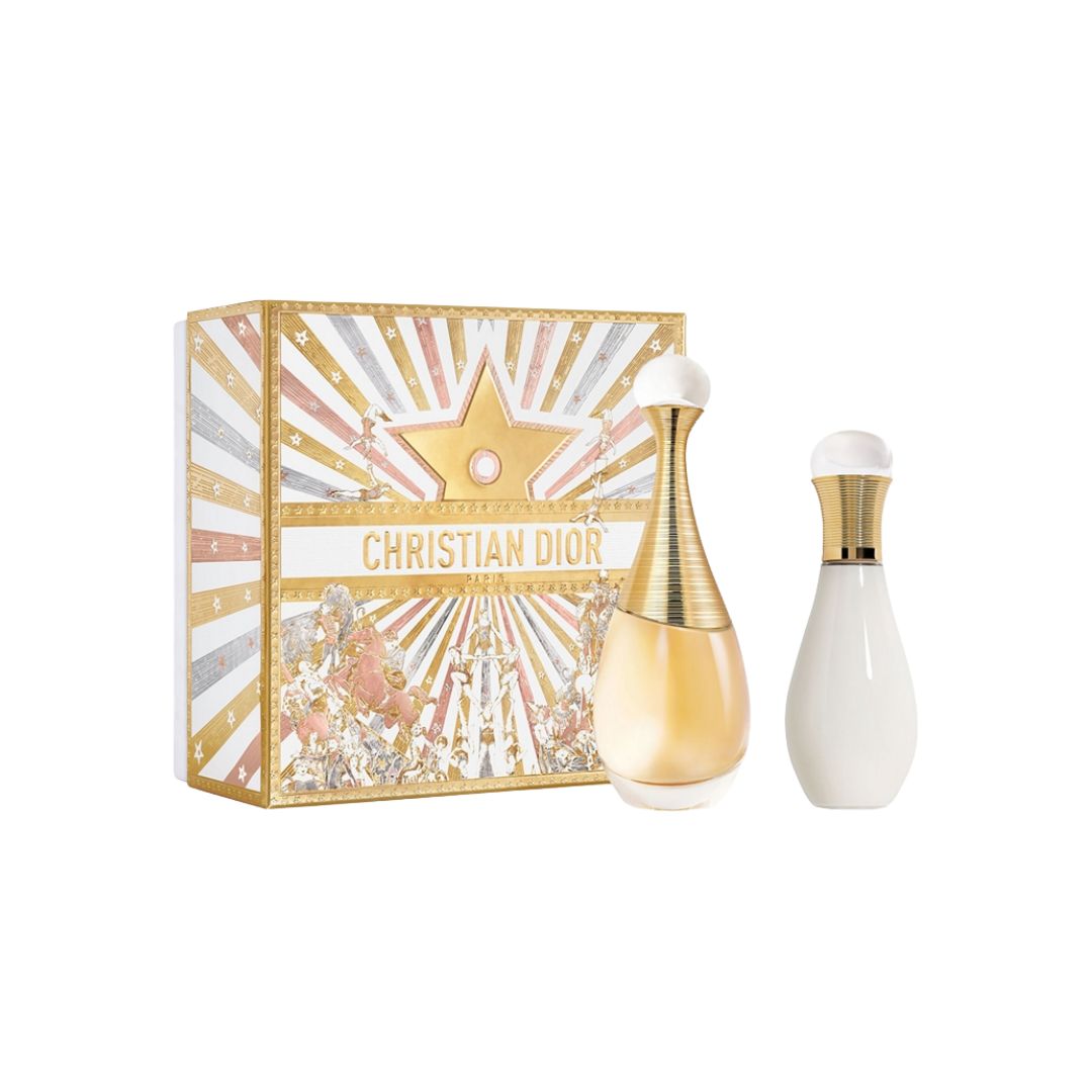 Christian Dior J'adore 50ml EDP 2 Piece Gift Set, featuring the iconic amphora bottle and a J'adore Les Adorables Body Milk in a limited-edition holiday gift box.