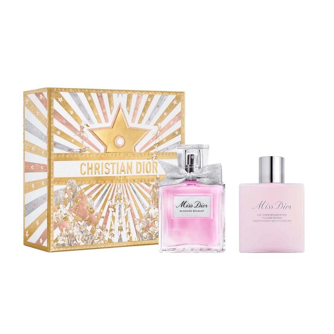 Christian Dior Miss Dior Blooming Bouquet 50ml EDT 2 Piece Gift Set, featuring the iconic bow-adorned bottle and a comforting body milk in an elegant gift box.