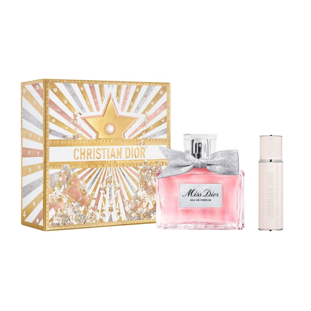 Christian Dior Miss Dior 100ml EDP 2 Piece Gift Set, featuring the iconic bottle and a limited-edition travel spray in an artistic holiday case by Pietro Ruffo.