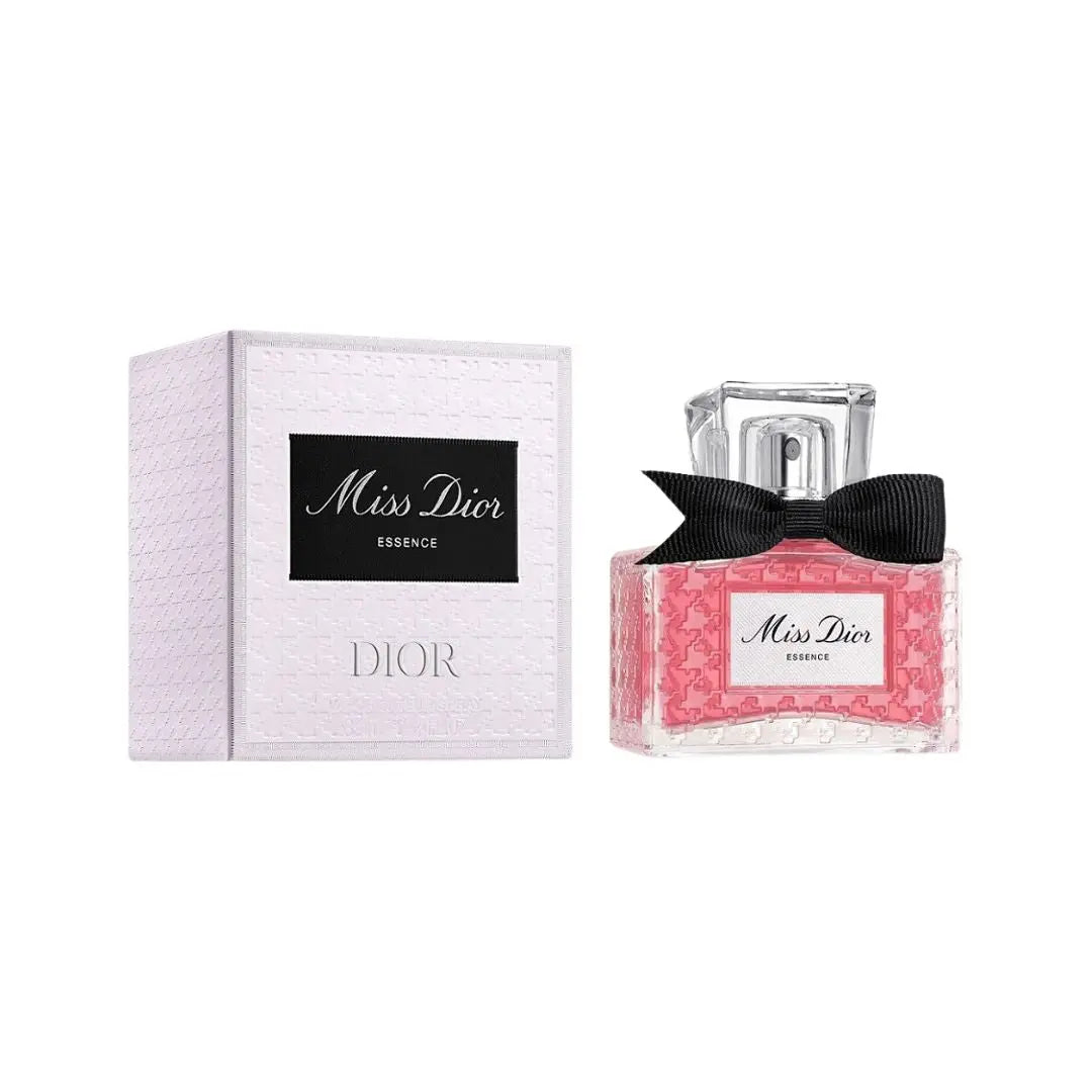Christian Dior Miss Dior Essence 35ml, a classic square bottle with a bow, suggesting a sweet, floral, and woody feminine fragrance