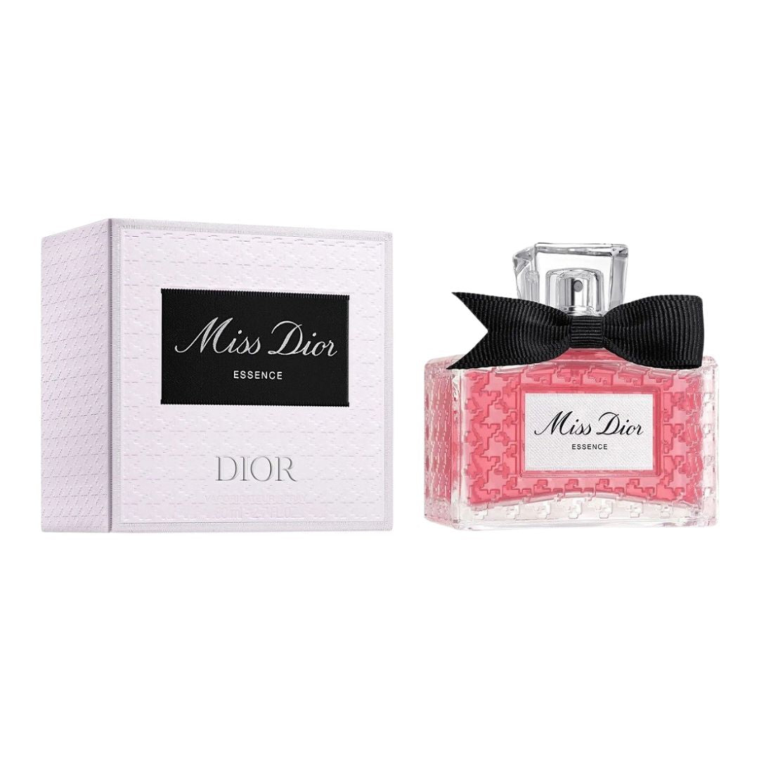 Christian Dior Miss Dior Essence 80ml, a classic square bottle with a bow, suggesting a sweet, floral, and woody feminine fragrance.