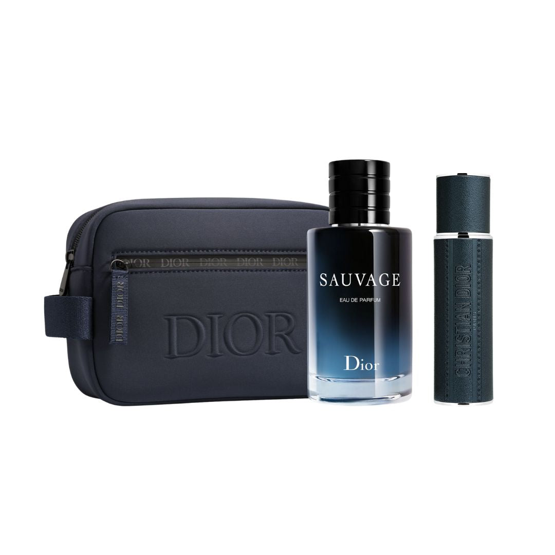 Christian Dior Sauvage EDP 100ml 3 Piece Gift Set, featuring the iconic bottle, a refillable travel spray, and a limited-edition pouch in a Dior Circus of Dreams collector's box.