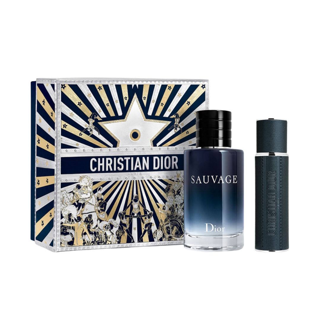 Christian Dior Sauvage 100ml EDT 2 Piece Gift Set, featuring the iconic dark blue bottle and a travel spray in a limited-edition Dior Circus of Dreams collector's box.