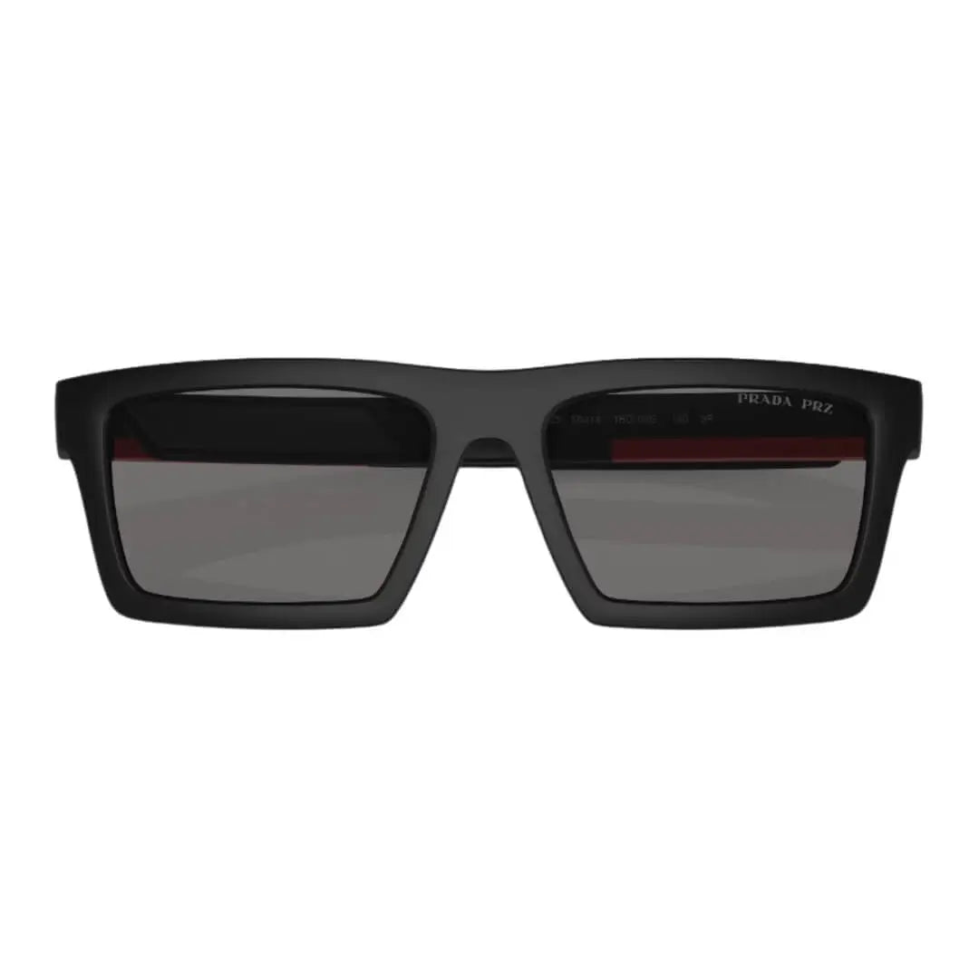 Close Up of Prada Linea Rossa PS 02ZSU 1BO02G 58 Sunglasses - Matte Black Frame Detail