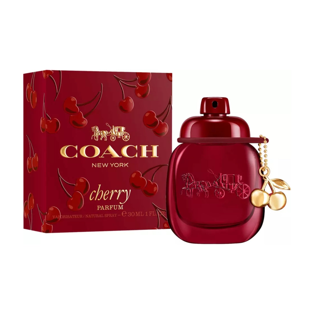 Coach Cherry Parfum 30ml bottle and its matching red box decorated with cherry illustrations and gold lettering, on a white background.