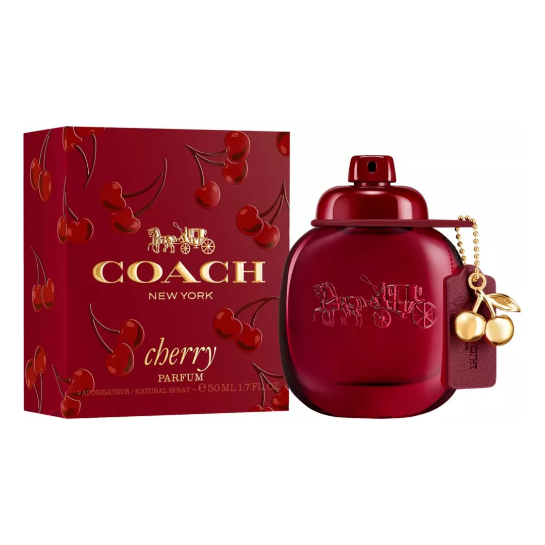 Coach Cherry Parfum 50ml bottle and its matching red box decorated with cherry illustrations and gold lettering, on a white background.