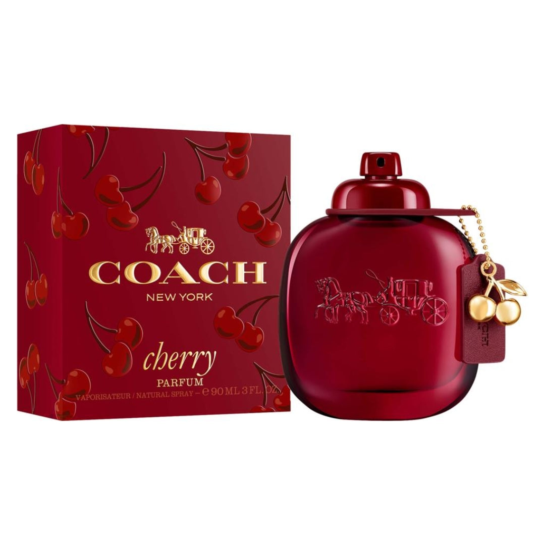 Coach Cherry Parfum 90ml bottle and its matching red box decorated with cherry illustrations and gold lettering, on a white background.