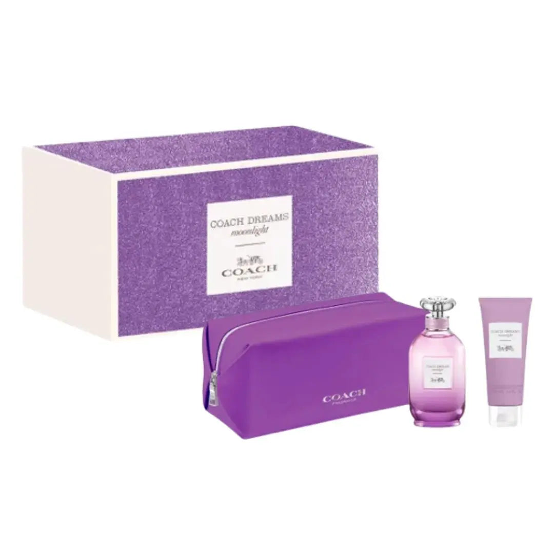Coach Dreams Moonlight 90ml EDP 3 Piece Gift Set, featuring the crescent moon-themed bottle, a body lotion, and a matching pouch in an elegant gift box.